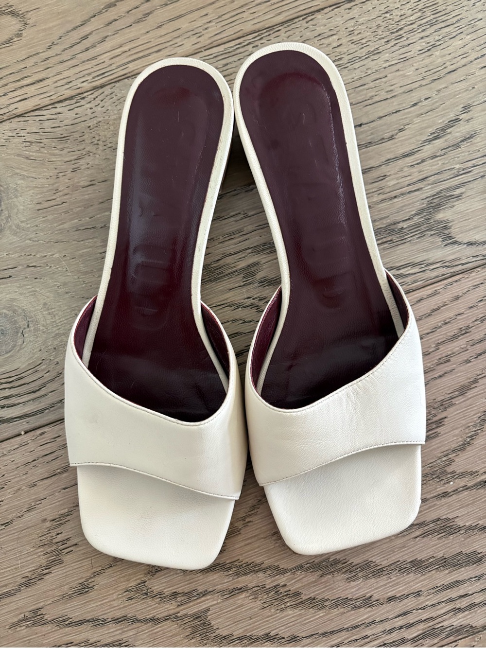 STAUD Cream Slide Mules with Burgundy Insole
